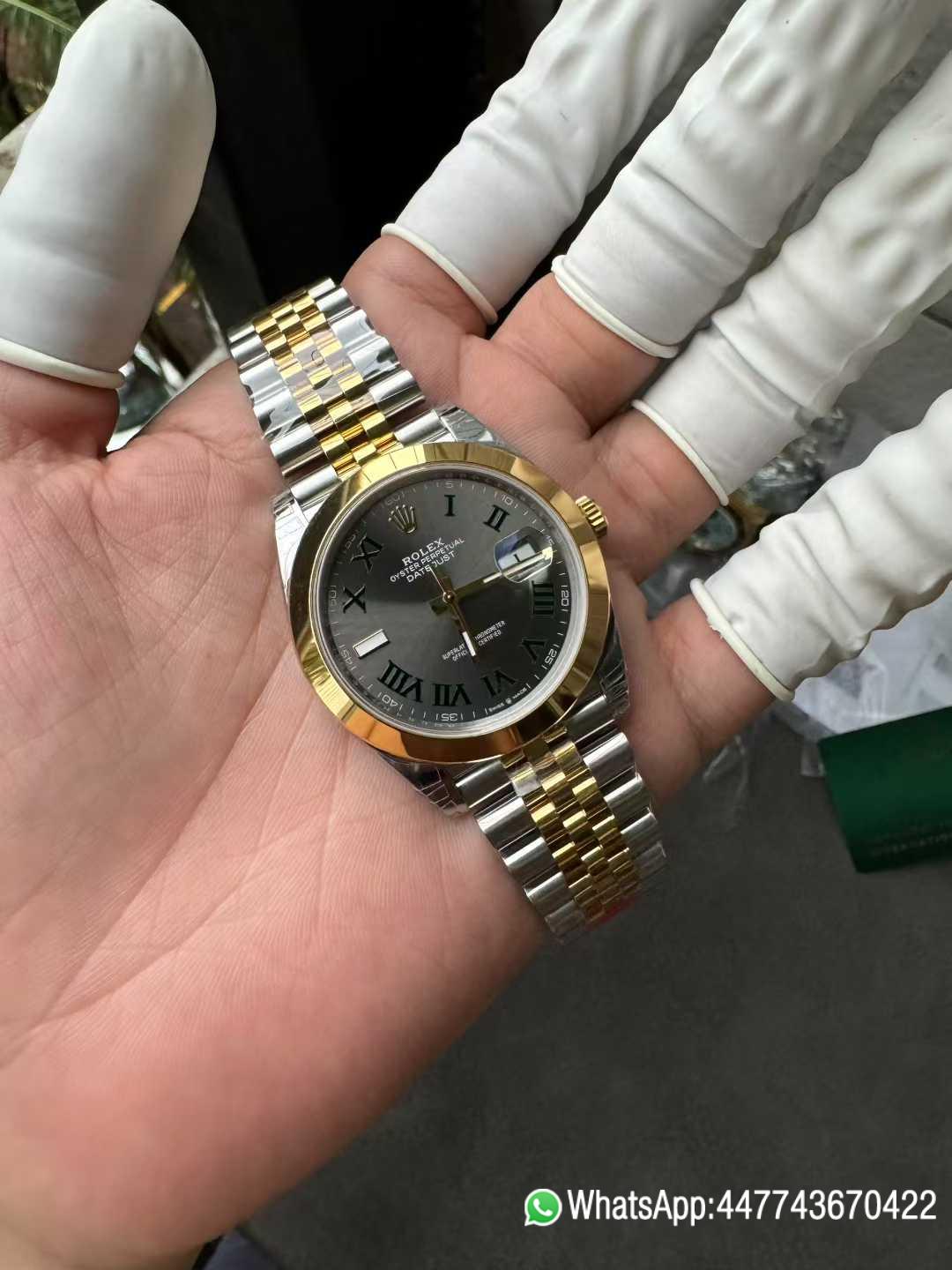 Super Clone DateJust 41 126303 Wimbledon Slate Dial with Roma Indexes Yellow Gold Smooth Bezel Two Tone Jubilee Bracelet DD 3235 Movement 02 Super Clone DateJust 41 126303 Wimbledon Slate Dial with Roma Indexes Yellow Gold Smooth Bezel Two Tone Jubilee Bracelet DD 3235 Movement 02