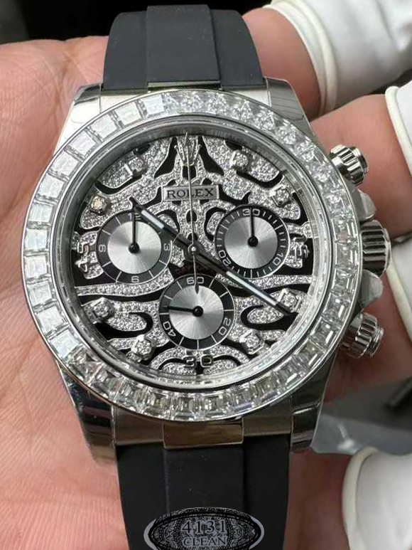 Victory Factory Daytona Eye of the Tiger 116589TBR Wrapped Platinum 40mm Black Diamond Motif Dial Baguette Bezel Oysterflex Strap DD4131 Movement 000 Clean Factory Daytona Eye of the Tiger 116589TBR Wrapped Platinum 40mm Black Diamond Motif Dial Baguette Bezel Oysterflex Strap DD4131 Movement 000