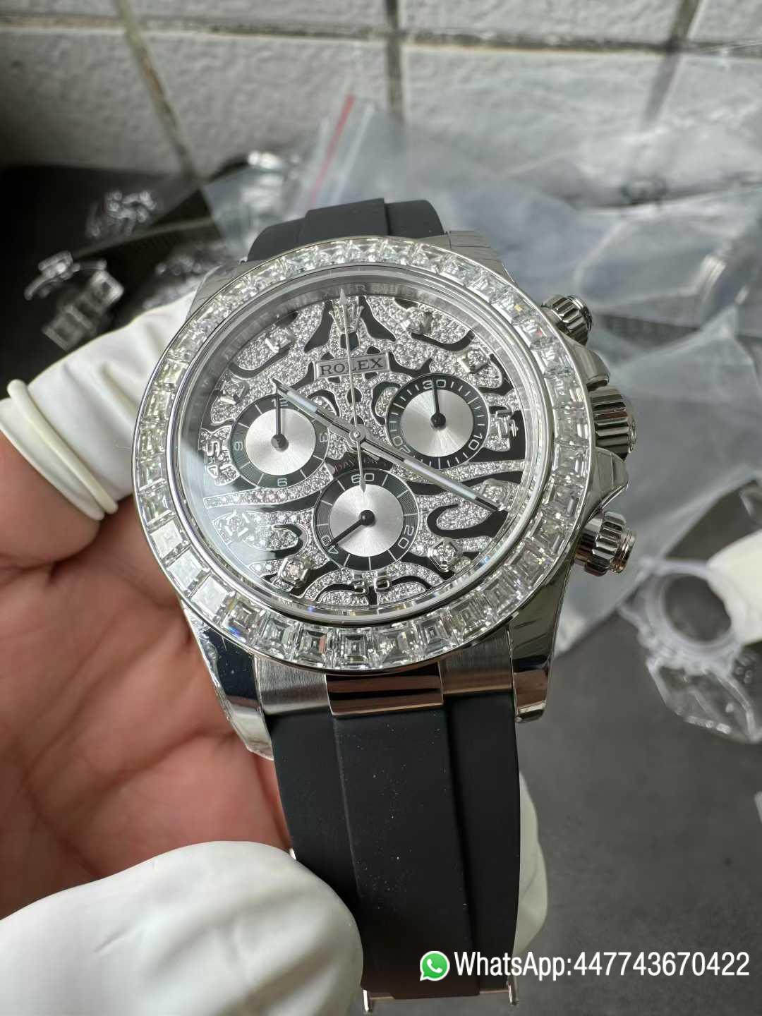 Super Clone Daytona Eye of the Tiger 116589TBR Wrapped Platinum 40mm Black Diamond Motif Dial Baguette Bezel Oysterflex Strap DD4131 Movement 04 Super Clone Daytona Eye of the Tiger 116589TBR Wrapped Platinum 40mm Black Diamond Motif Dial Baguette Bezel Oysterflex Strap DD4131 Movement 04