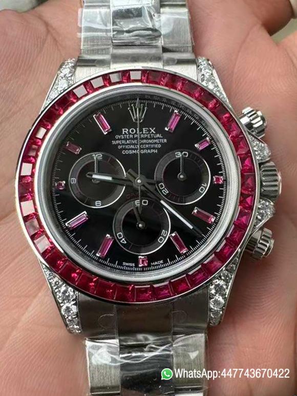 Super Clone Watch Rolex Ruby Daytona 126599TRU Black Dial Baguette Ruby Bezel TRU Daytona Gem Set DanDong 4131 Movement 00 Super Clone Watch Rolex Ruby Daytona 126599TRU Black Dial Baguette Ruby Bezel TRU Daytona Gem Set DanDong 4131 Movement 00