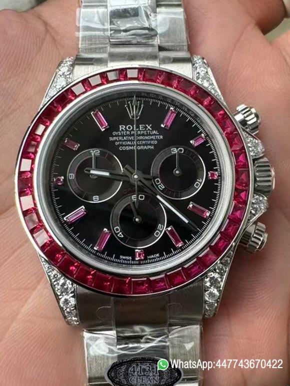 Super Clone Watch Rolex Ruby Daytona 126599TRU Black Dial Baguette Ruby Bezel TRU Daytona Gem Set DanDong 4131 Movement 000 Clean Factory Watch Rolex Ruby Daytona 126599TRU Black Dial Baguette Ruby Bezel TRU Daytona Gem Set DanDong 4131 Movement 000