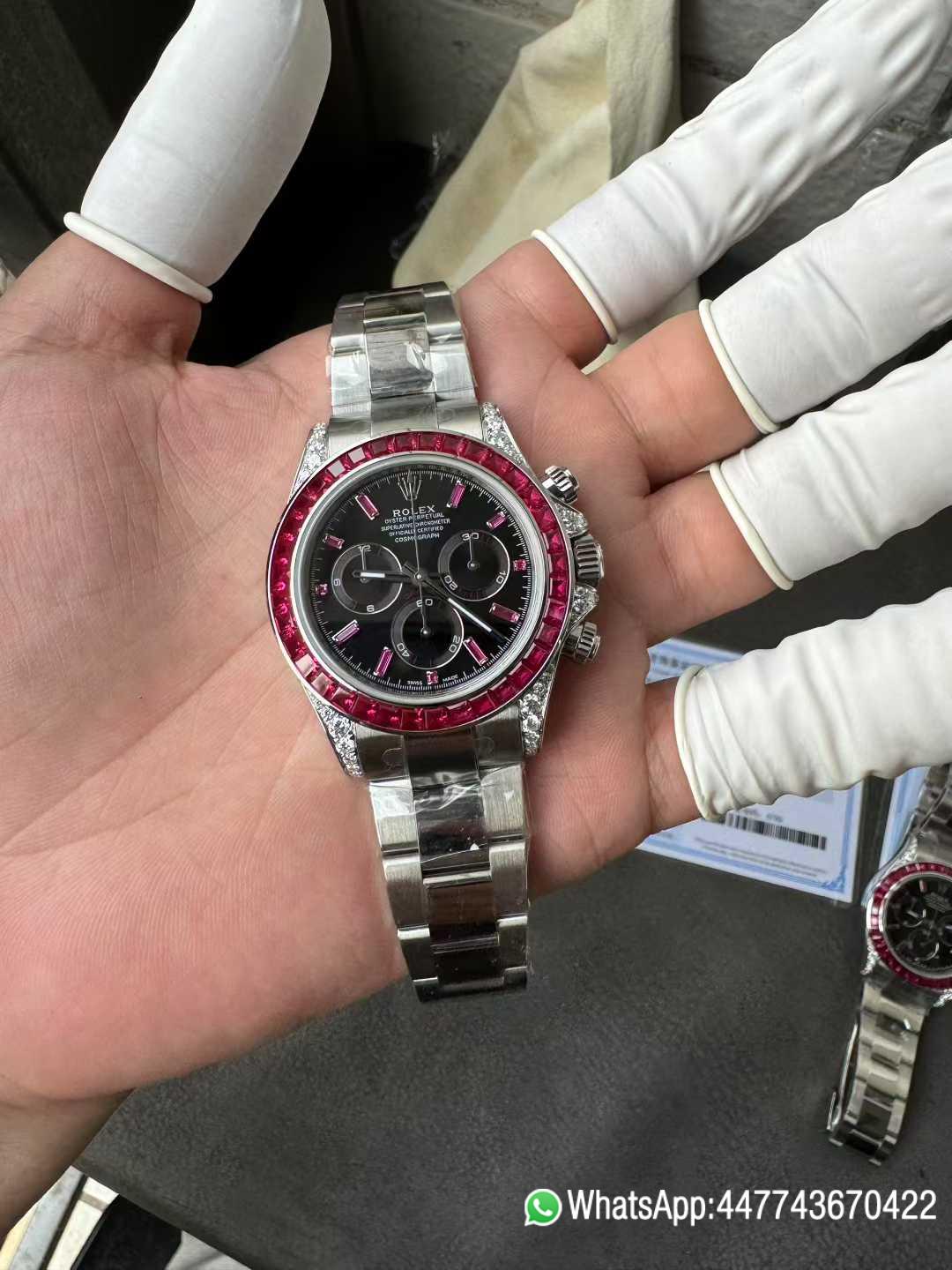 Super Clone Watch Rolex Ruby Daytona 126599TRU Black Dial Baguette Ruby Bezel TRU Daytona Gem Set DanDong 4131 Movement 01 Super Clone Watch Rolex Ruby Daytona 126599TRU Black Dial Baguette Ruby Bezel TRU Daytona Gem Set DanDong 4131 Movement 01