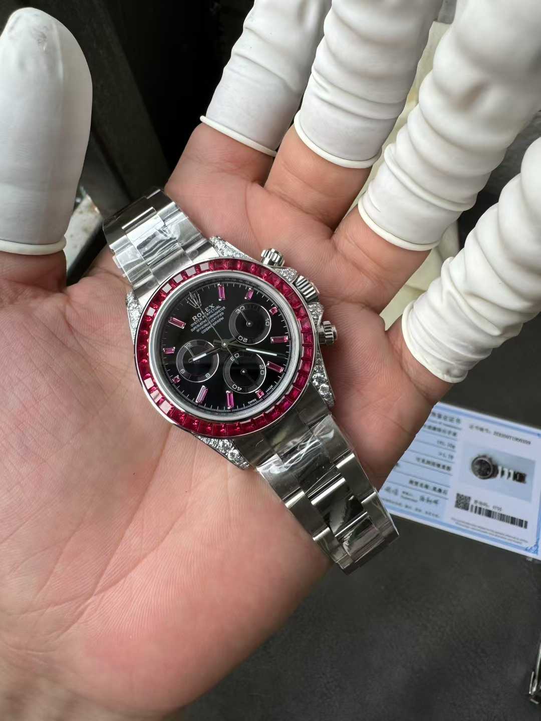 Victory Factory Watch Rolex Ruby Daytona 126599TRU Black Dial Baguette Ruby Bezel TRU Daytona Gem Set DanDong 4131 Movement 02 Clean Factory Watch Rolex Ruby Daytona 126599TRU Black Dial Baguette Ruby Bezel TRU Daytona Gem Set DanDong 4131 Movement 02
