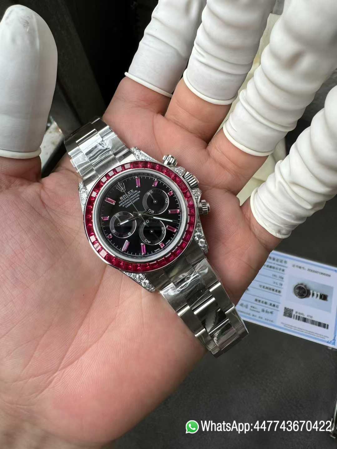 Super Clone Watch Rolex Ruby Daytona 126599TRU Black Dial Baguette Ruby Bezel TRU Daytona Gem Set DanDong 4131 Movement 02 Super Clone Watch Rolex Ruby Daytona 126599TRU Black Dial Baguette Ruby Bezel TRU Daytona Gem Set DanDong 4131 Movement 02