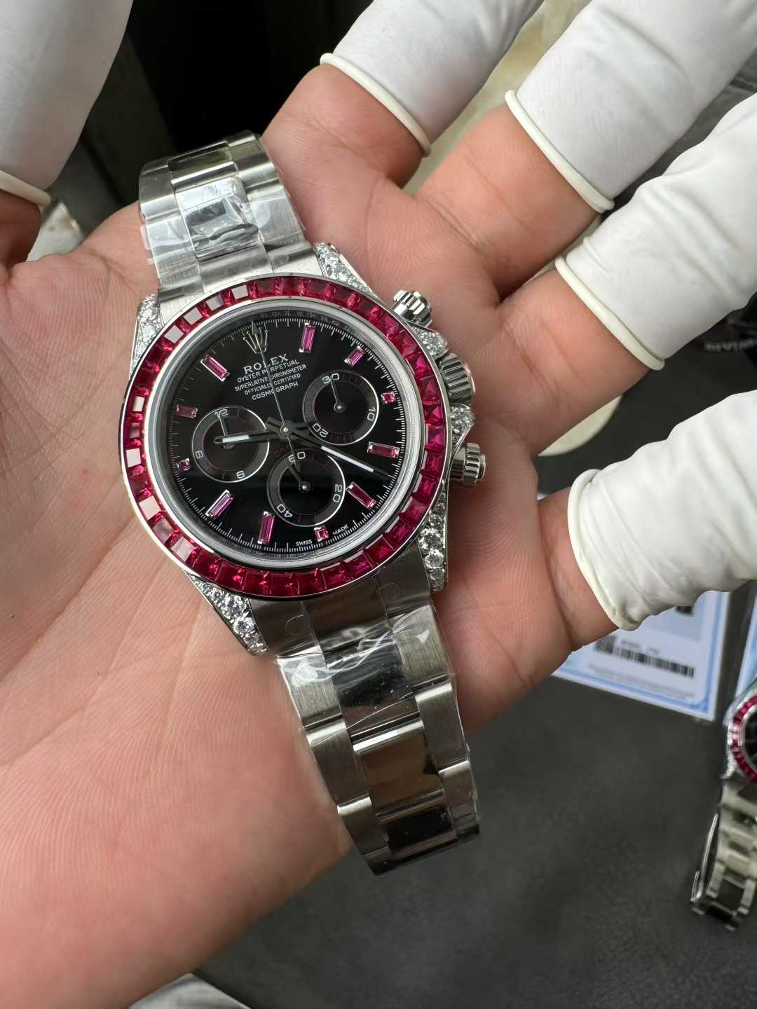 Victory Factory Watch Rolex Ruby Daytona 126599TRU Black Dial Baguette Ruby Bezel TRU Daytona Gem Set DanDong 4131 Movement 04 Clean Factory Watch Rolex Ruby Daytona 126599TRU Black Dial Baguette Ruby Bezel TRU Daytona Gem Set DanDong 4131 Movement 04