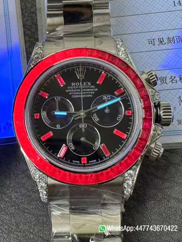 Super Clone Watch Rolex Ruby Daytona 126599TRU Black Dial Baguette Ruby Bezel TRU Daytona Gem Set DanDong 4131 Movement 09 01 Super Clone Watch Rolex Ruby Daytona 126599TRU Black Dial Baguette Ruby Bezel TRU Daytona Gem Set DanDong 4131 Movement 09 01