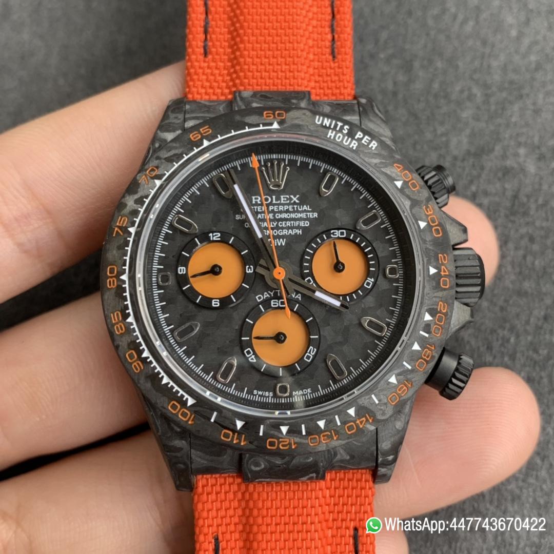Super Clone WWF Rolex Cosmograph Daytona DIW Carbon Orange Edition 40mm Forged carbon fiber case Tachymeter Bezel Carbon Texture Dial and Asia 7750 chronograph movement 0 Super Clone WWF Rolex Cosmograph Daytona DIW Carbon Orange Edition 40mm Forged carbon fiber case Tachymeter Bezel Carbon Texture Dial and Asia 7750 chronograph movement 0
