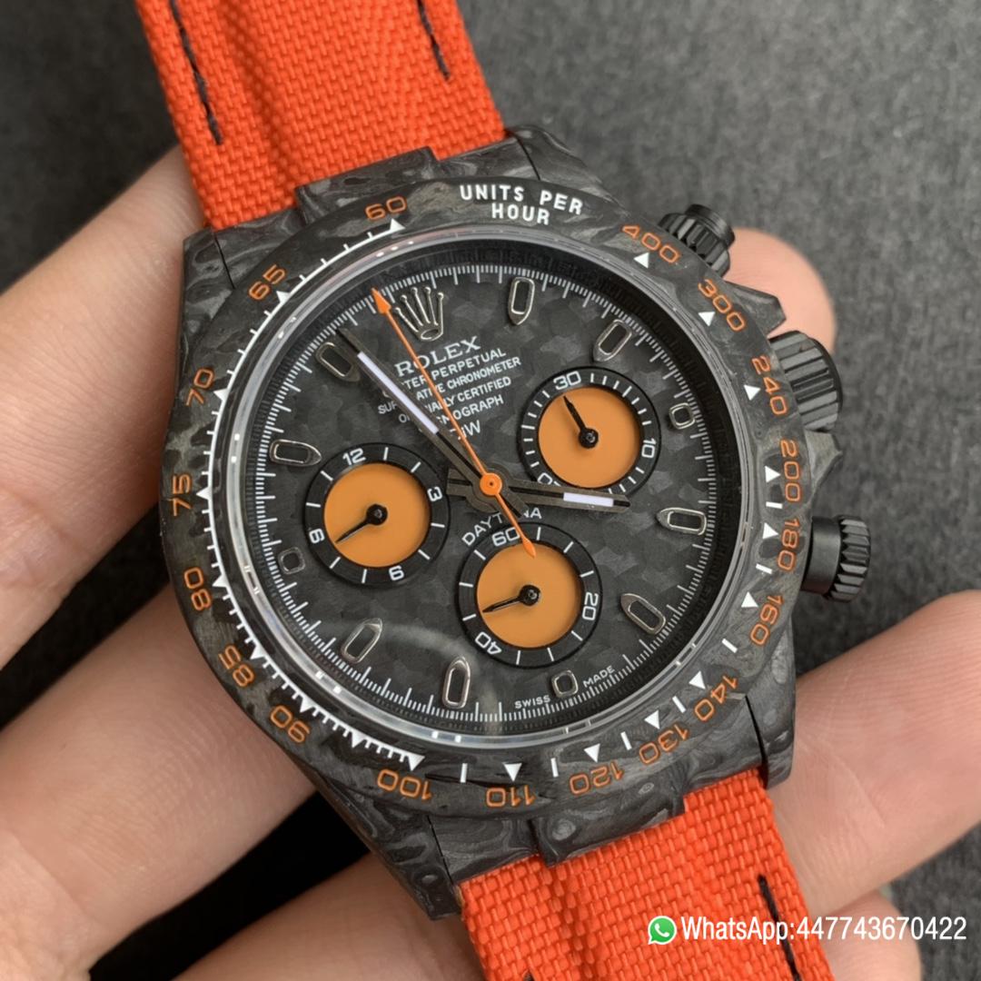 Super Clone WWF Rolex Cosmograph Daytona DIW Carbon Orange Edition 40mm Forged carbon fiber case Tachymeter Bezel Carbon Texture Dial and Asia 7750 chronograph movement 01 Super Clone WWF Rolex Cosmograph Daytona DIW Carbon Orange Edition 40mm Forged carbon fiber case Tachymeter Bezel Carbon Texture Dial and Asia 7750 chronograph movement 01