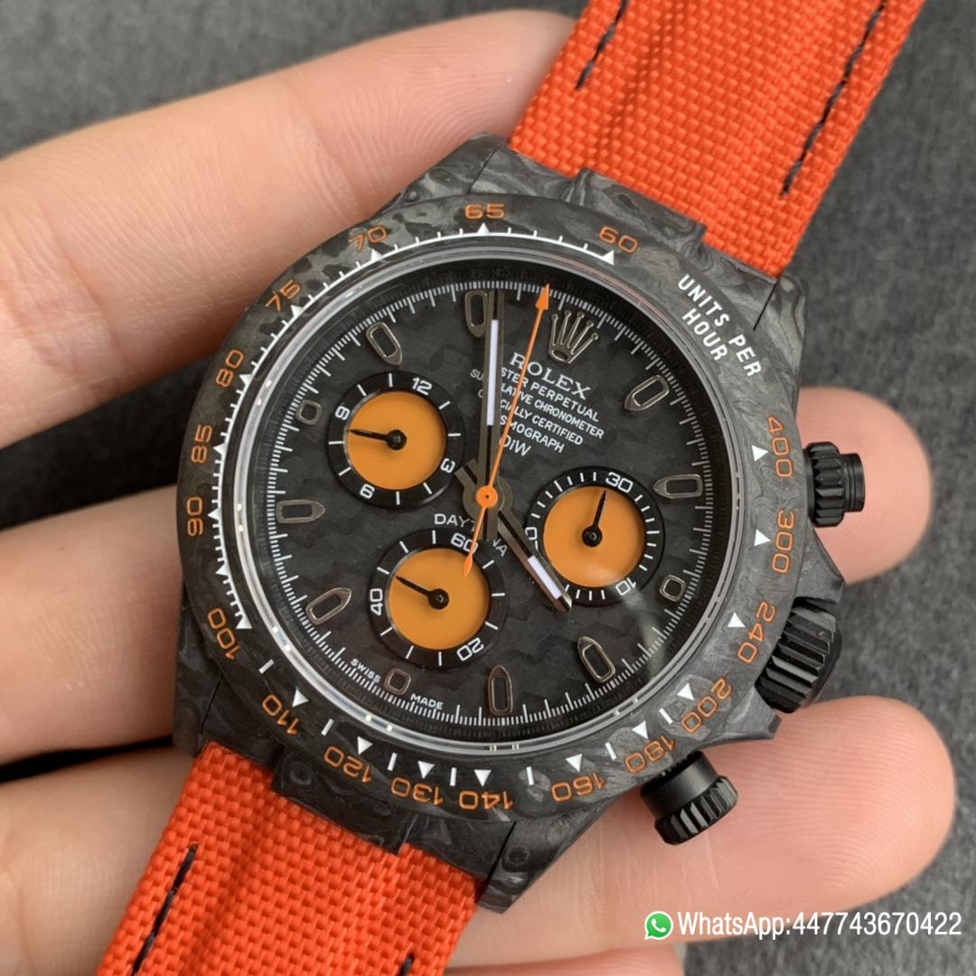 Super Clone WWF Rolex Cosmograph Daytona DIW Carbon Orange Edition 40mm Forged carbon fiber case Tachymeter Bezel Carbon Texture Dial and Asia 7750 chronograph movement 02 Super Clone WWF Rolex Cosmograph Daytona DIW Carbon Orange Edition 40mm Forged carbon fiber case Tachymeter Bezel Carbon Texture Dial and Asia 7750 chronograph movement 02