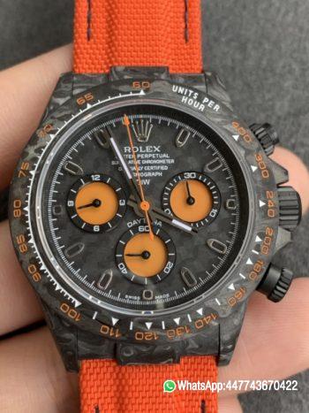 Super Clone WWF Rolex Cosmograph Daytona DIW Carbon Orange Edition 40mm Forged carbon fiber case Tachymeter Bezel Carbon Texture Dial and Asia 7750 chronograph movement 03