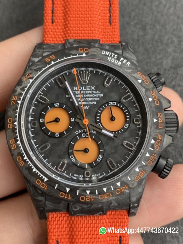 Super Clone WWF Rolex Cosmograph Daytona DIW Carbon Orange Edition 40mm Forged carbon fiber case Tachymeter Bezel Carbon Texture Dial and Asia 7750 chronograph movement 03 Super Clone WWF Rolex Cosmograph Daytona DIW Carbon Orange Edition 40mm Forged carbon fiber case Tachymeter Bezel Carbon Texture Dial and Asia 7750 chronograph movement 03