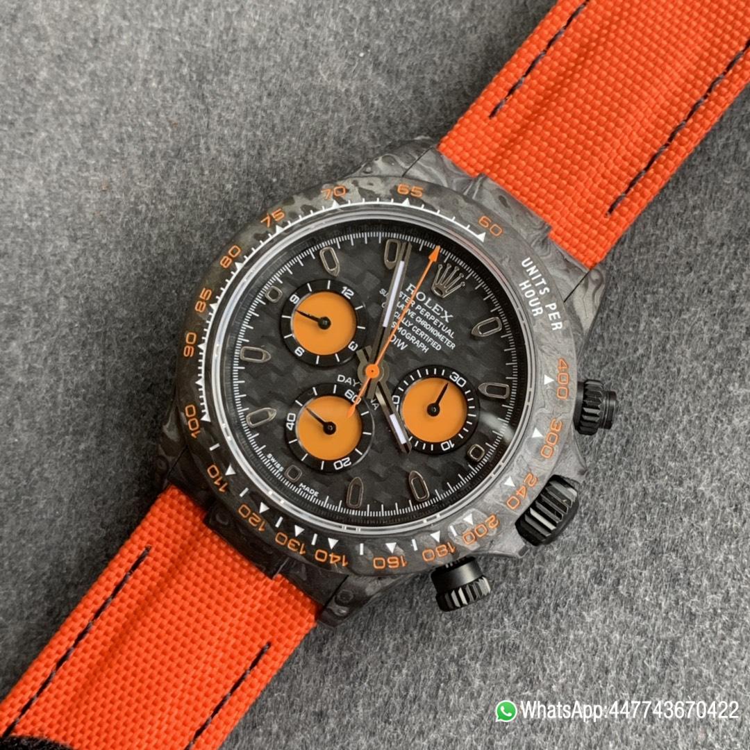 Super Clone WWF Rolex Cosmograph Daytona DIW Carbon Orange Edition 40mm Forged carbon fiber case Tachymeter Bezel Carbon Texture Dial and Asia 7750 chronograph movement 04 Super Clone WWF Rolex Cosmograph Daytona DIW Carbon Orange Edition 40mm Forged carbon fiber case Tachymeter Bezel Carbon Texture Dial and Asia 7750 chronograph movement 04