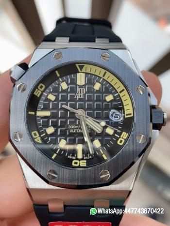 Super Clone Watch Royal Oak Offshore Diver 15720 Black Ceramic Bezel SS APF 11 Best Edition Black Dial on Black Rubber Strap A4308 0