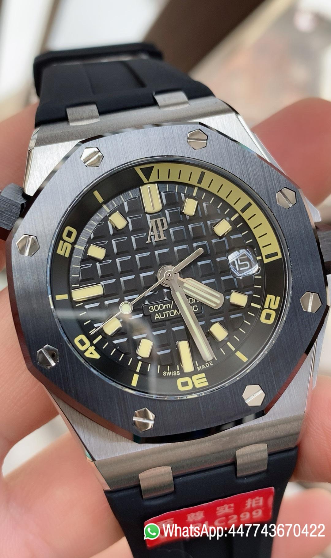 Super Clone Watch Royal Oak Offshore Diver 15720 Black Ceramic Bezel SS APF 11 Best Edition Black Dial on Black Rubber Strap A4308 02 Super Clone Watch Royal Oak Offshore Diver 15720 Black Ceramic Bezel SS APF 11 Best Edition Black Dial on Black Rubber Strap A4308 02