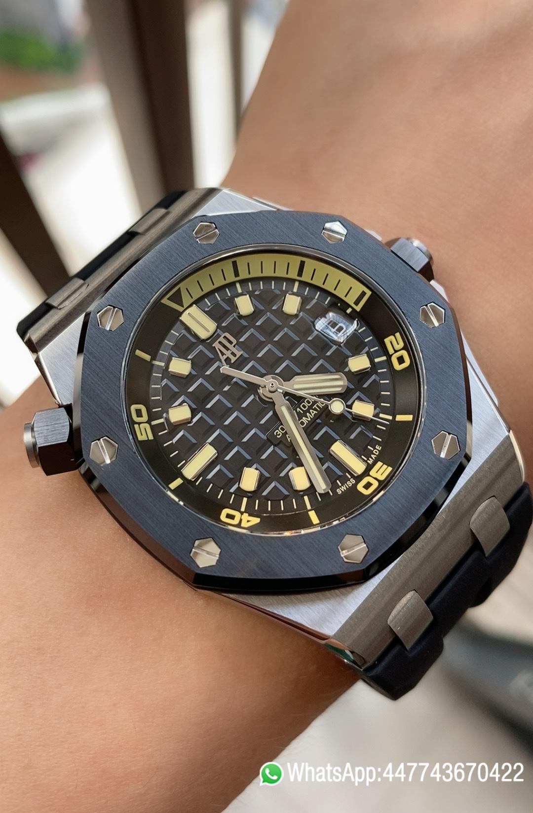 Super Clone Watch Royal Oak Offshore Diver 15720 Black Ceramic Bezel SS APF 11 Best Edition Black Dial on Black Rubber Strap A4308 08 Super Clone Watch Royal Oak Offshore Diver 15720 Black Ceramic Bezel SS APF 11 Best Edition Black Dial on Black Rubber Strap A4308 08