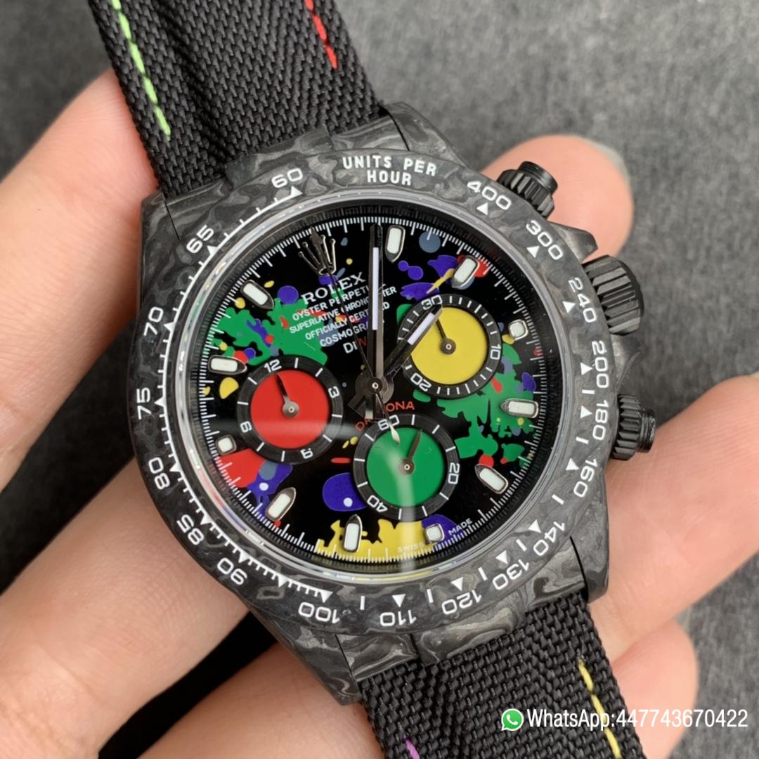 Super Clone Watch WWF ROLEX Cosmograph Daytona Series Diw Team Modified Version 40mm Carbon fiber case carbon fiber speed indicator ring and Asia7750 chronograph movement 0