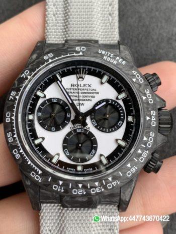Super Clone Watch WWF Rolex Cosmograph Daytona DIW 40mm Forged carbon fiber case Panda Dial Carbon fiber bezel and Asia 7750 chronograph movement1