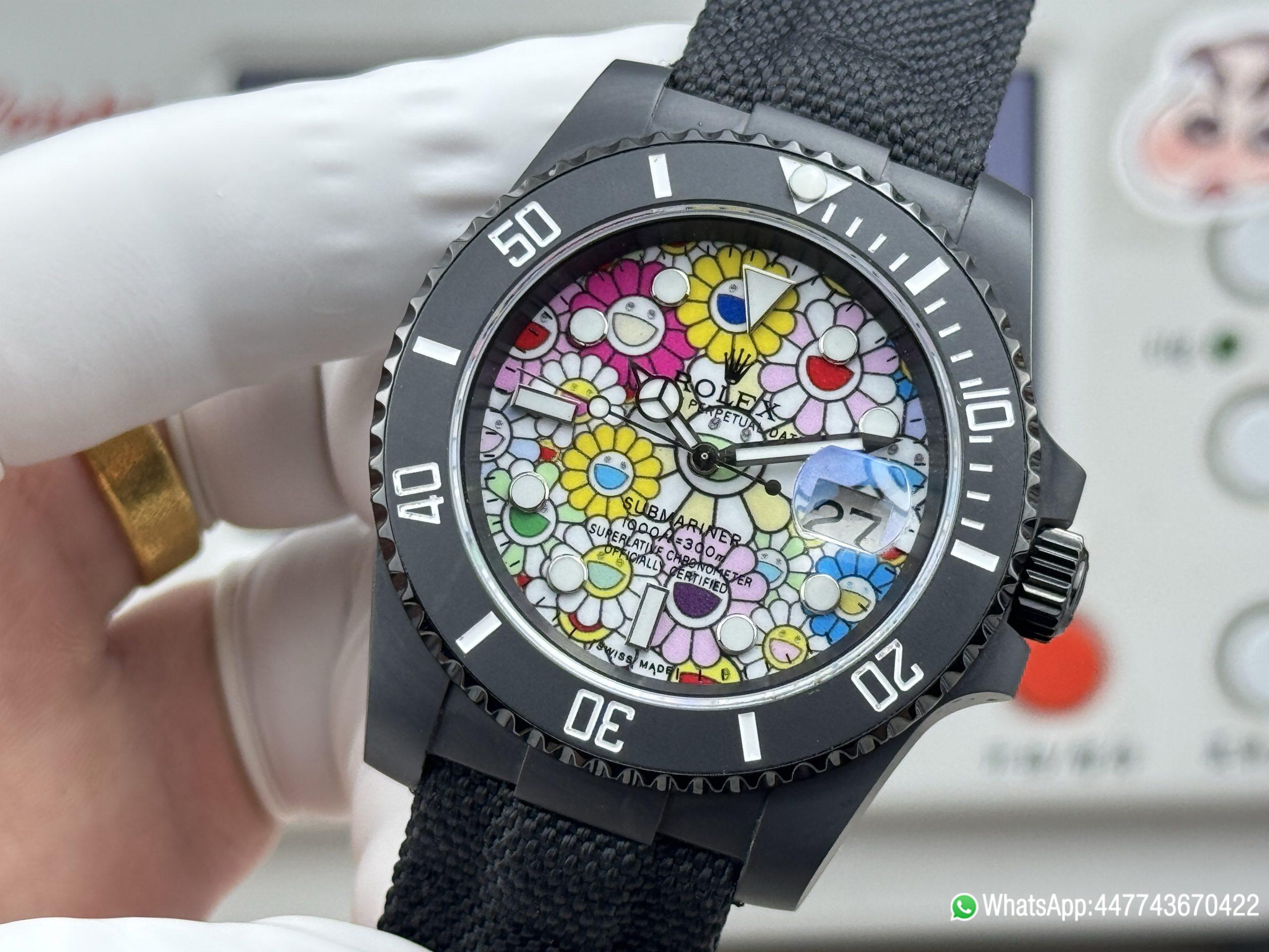 Super Clone Rolex Submariner Date DIW 41mm Takashi Murakami Flower Dial Black ceramic bezel and Dandong 3235 Movement 06
