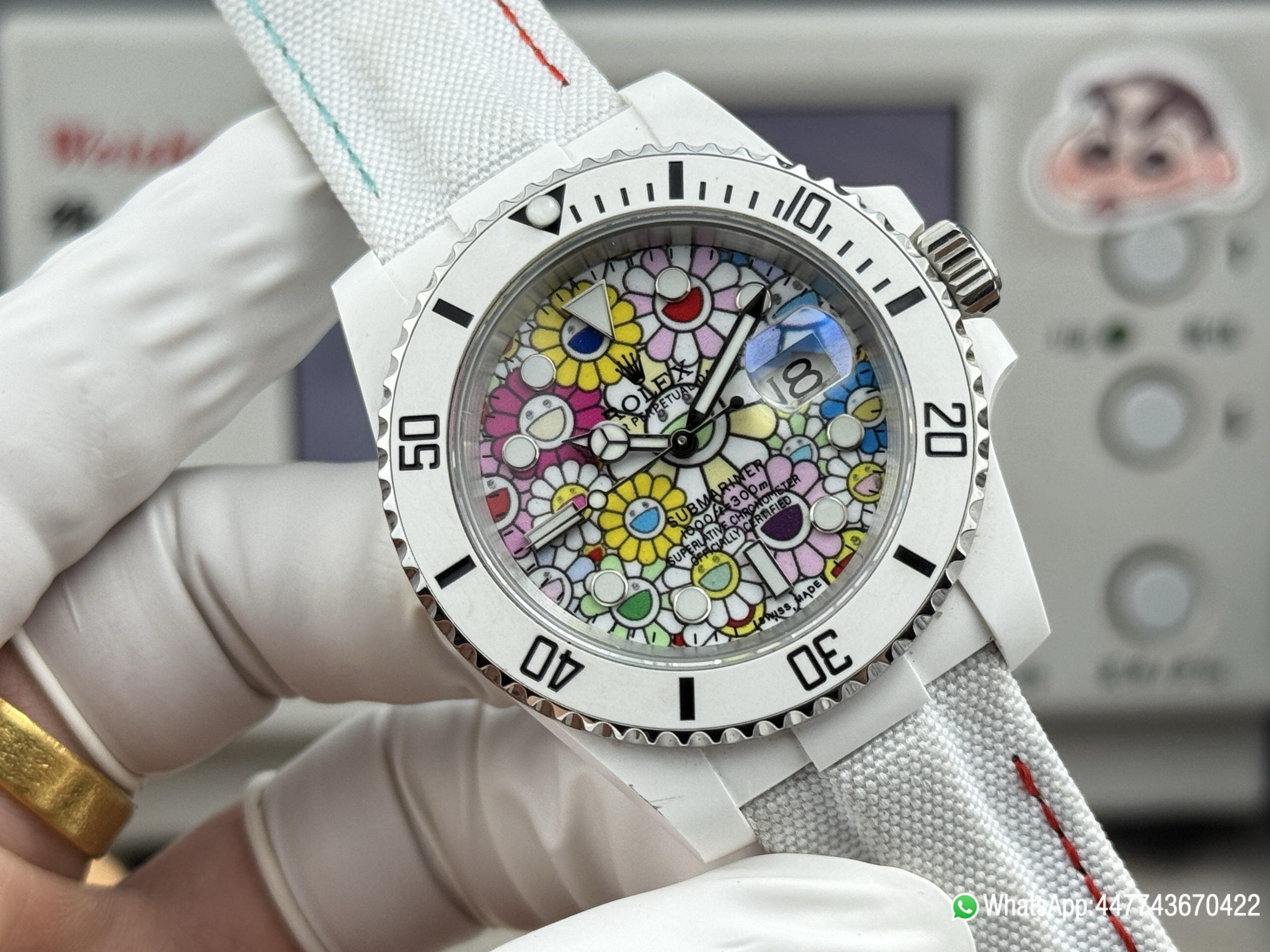 Super Clone Rolex Submariner Date DIW 41mm Takashi Murakami Flower Dial white ceramic bezel and Dandong 3235 Movement 02 Super Clone Rolex Submariner Date DIW 41mm Takashi Murakami Flower Dial white ceramic bezel and Dandong 3235 Movement 02