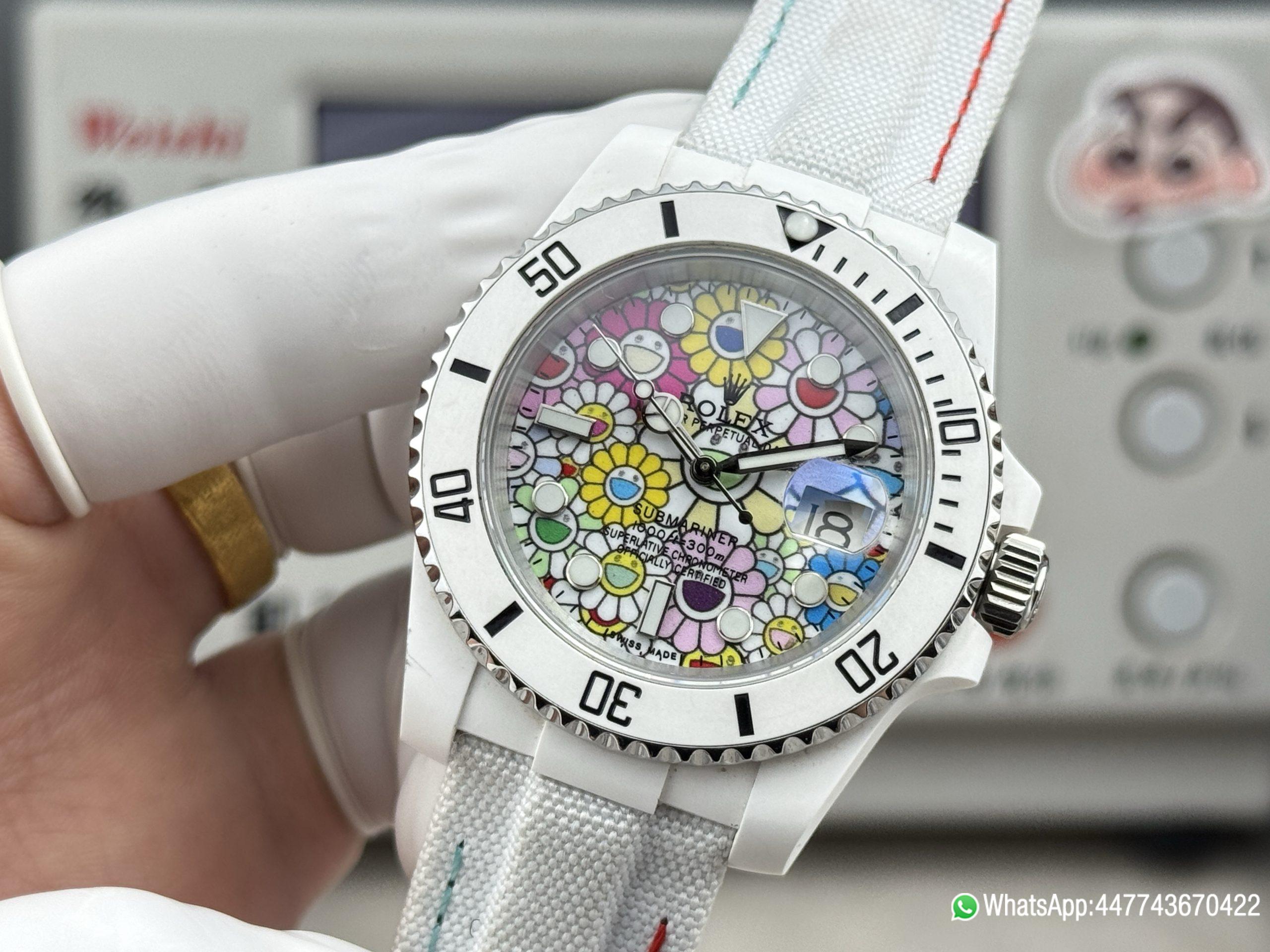 Super Clone Rolex Submariner Date DIW 41mm Takashi Murakami Flower Dial white ceramic bezel and Dandong 3235 Movement 03 Super Clone Rolex Submariner Date DIW 41mm Takashi Murakami Flower Dial white ceramic bezel and Dandong 3235 Movement 03