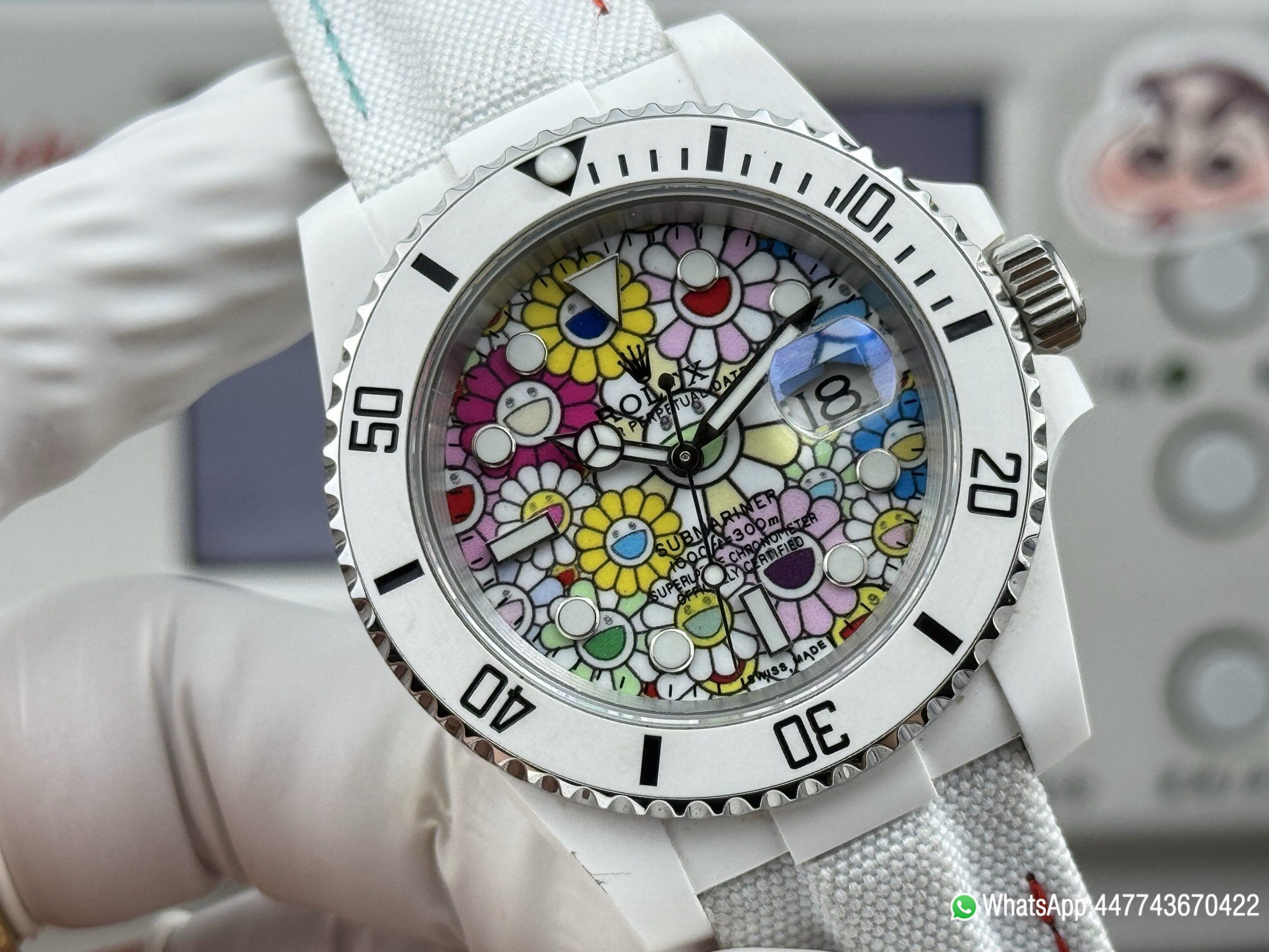 Super Clone Rolex Submariner Date DIW 41mm Takashi Murakami Flower Dial white ceramic bezel and Dandong 3235 Movement 04 Super Clone Rolex Submariner Date DIW 41mm Takashi Murakami Flower Dial white ceramic bezel and Dandong 3235 Movement 04