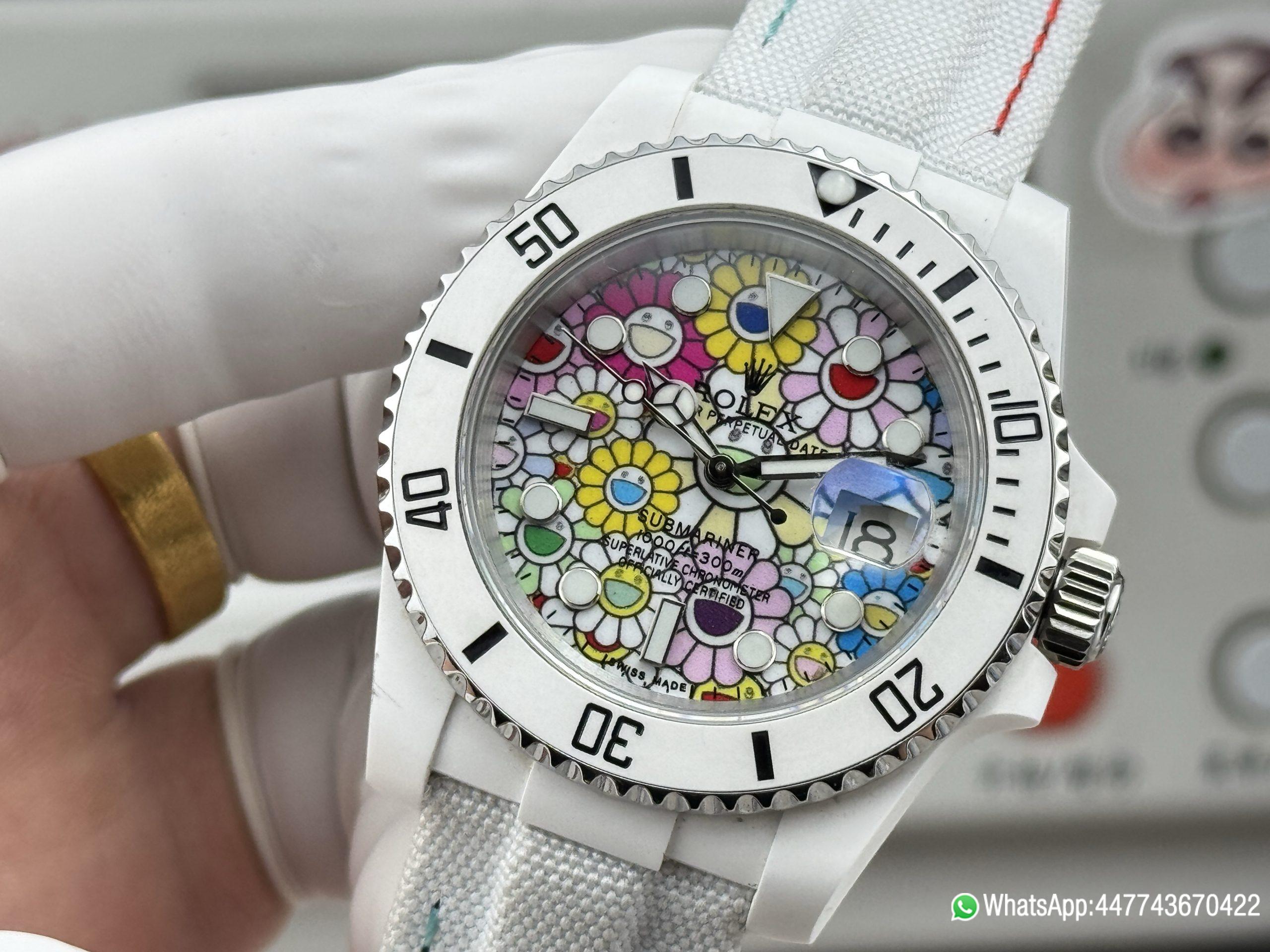 Super Clone Rolex Submariner Date DIW 41mm Takashi Murakami Flower Dial white ceramic bezel and Dandong 3235 Movement 05 Super Clone Rolex Submariner Date DIW 41mm Takashi Murakami Flower Dial white ceramic bezel and Dandong 3235 Movement 05
