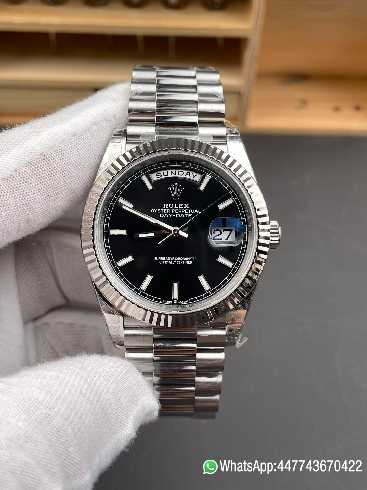 Super Clone VSF Rolex Day Date 40 SS RCF 11 Best Edition Black Stick Dial on President Bracelet Dandong 3255 0 Super Clone VSF Rolex Day Date 40 SS RCF 11 Best Edition Black Stick Dial on President Bracelet Dandong 3255 0