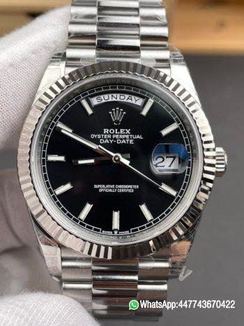 Super Clone VSF Rolex Day Date 40 SS RCF 11 Best Edition Black Stick Dial on President Bracelet Dandong 3255 010