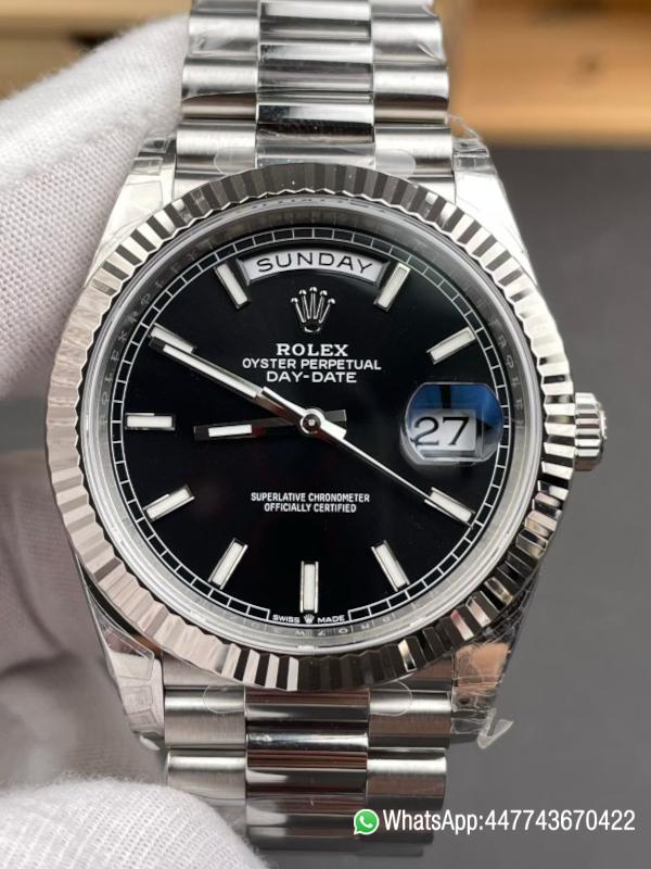 Super Clone VSF Rolex Day Date 40 SS RCF 11 Best Edition Black Stick Dial on President Bracelet Dandong 3255 010 Super Clone VSF Rolex Day Date 40 SS RCF 11 Best Edition Black Stick Dial on President Bracelet Dandong 3255 010