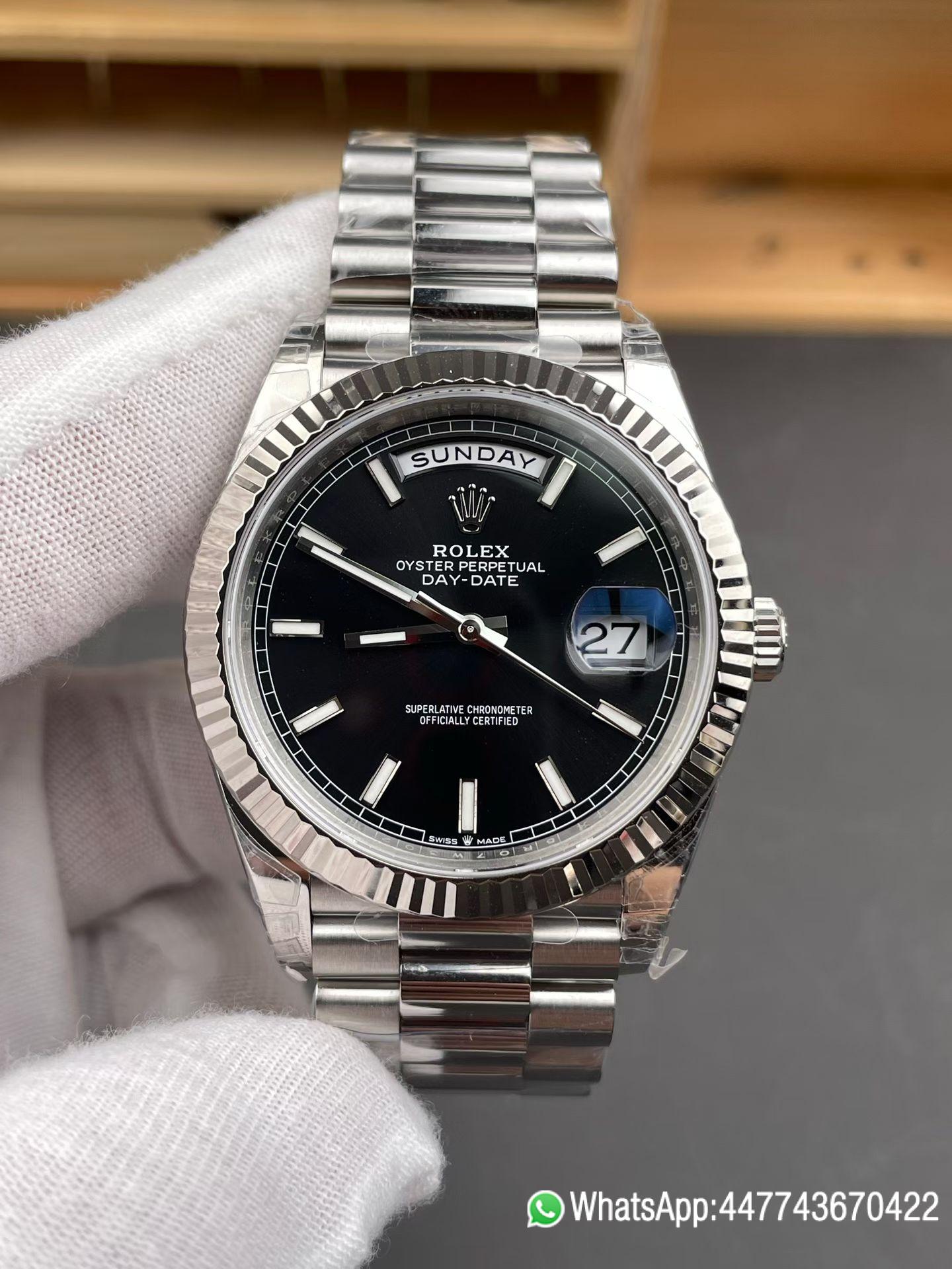 Super Clone VSF Rolex Day Date 40 SS RCF 11 Best Edition Black Stick Dial on President Bracelet Dandong 3255 02 Super Clone VSF Rolex Day Date 40 SS RCF 11 Best Edition Black Stick Dial on President Bracelet Dandong 3255 02