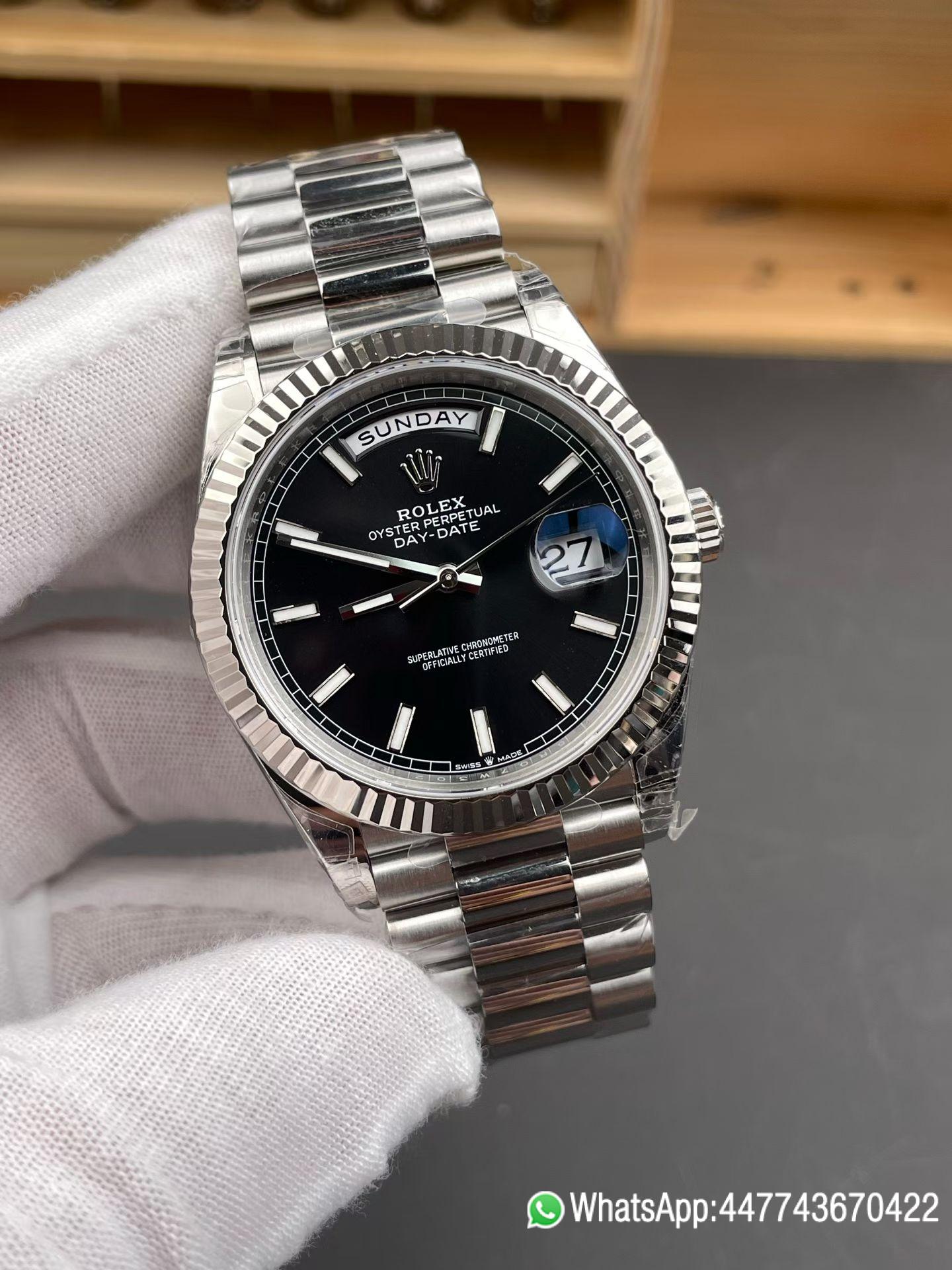 Super Clone VSF Rolex Day Date 40 SS RCF 11 Best Edition Black Stick Dial on President Bracelet Dandong 3255 04 Super Clone VSF Rolex Day Date 40 SS RCF 11 Best Edition Black Stick Dial on President Bracelet Dandong 3255 04