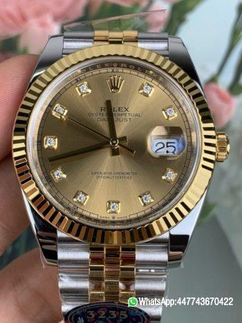 Super Clone Watch VF Rolex Datejust 41 Two Tone Champagne Diamond Dial Fluted Bezel and Dandong 3235 movement 010