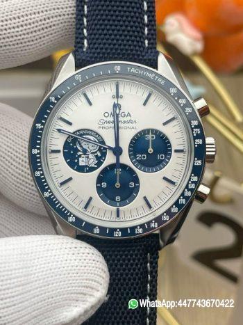 Super Clone OMEGA Speedmaster 42 mm Silver white with a small blue Dial Blue ceramic tachometer bezel Blue nylon fabric strap 310.32.42.50.02.001 cal.3861 Movement 010